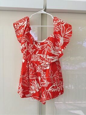 These Three Boutique Flying Tomato Orange Tropical Print Off-The-Shoulder Romper